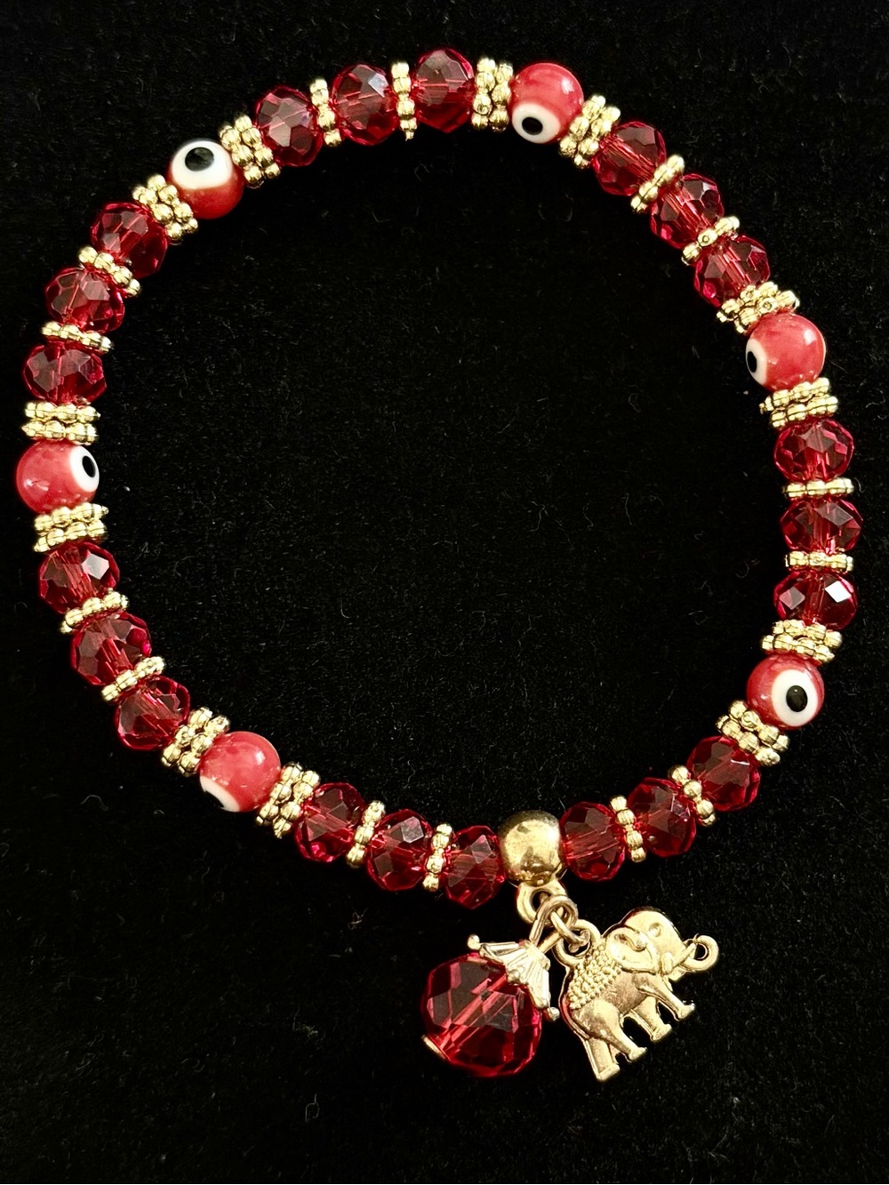 Glass Red Beaded Elephant Charm Stretch Bracelet with evil eye